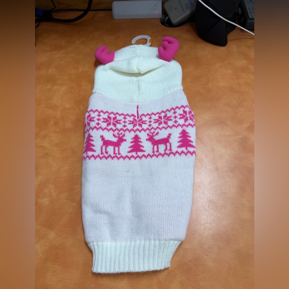 Cozy White and Pink Dog Sweater with Reindeer Design